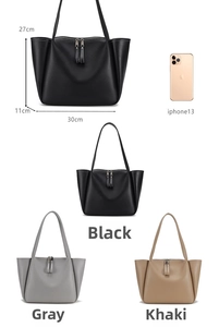 Detailed size comparison of three color large capacity PU leather tote bags with zipper