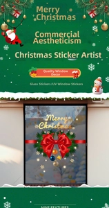 Detail of Christmas window stickers with red bows pine branches and Merry Christmas text