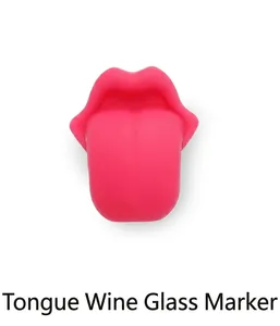 Close-up of a creative pink tongue-shaped silicone wine glass marker for party identification