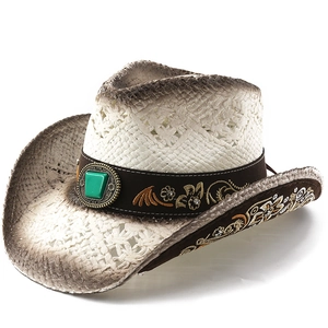Vintage Bohemian Straw Western Cowboy Hat For Women Men Sun Protection Embroidery Artificial Turquoise Beach Straw Hat
