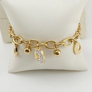 18K gold plated stainless steel oval chain bracelet with diamond rings and gold beads