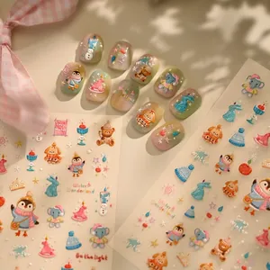 3D Embossed Nail Art Stickers Winter Cartoon Animals Snowflakes Self Adhesive Manicure Decoration Korean Style Cute DIY
