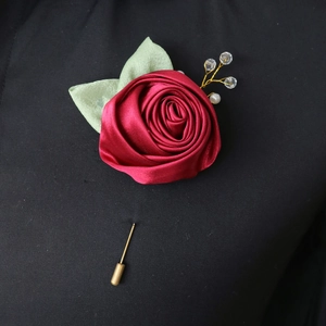 Handmade Satin Ribbon Rose Boutonniere With Faux Artificial Pearl And Gold Pin For Wedding Groom Groomsman Business Banquet