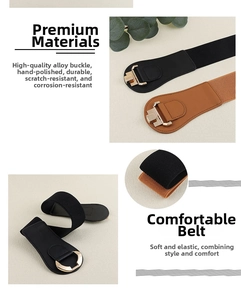 Detail of wide elastic waist belt with premium gold geometric buckle and durable texture