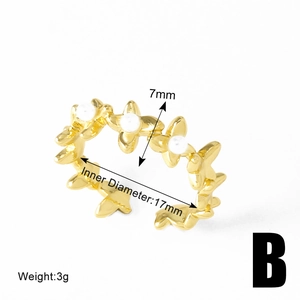 Detailed size specifications for gold flower ring with small pearls and adjustable band