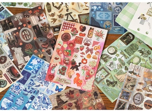 Macro detail of various vintage style decorative stickers for DIY scrapbooking and journals