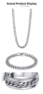Display verticale di set collana, bracciale e anello a catena cubana in acciaio argento