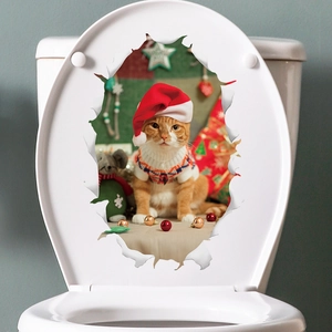 Christmas cat toilet lid sticker with festive orange cat and broken wall effect