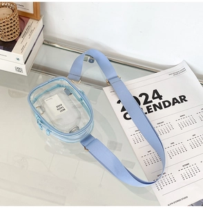 Close-up of light blue zipper and fabric strap on a transparent PVC crossbody bag