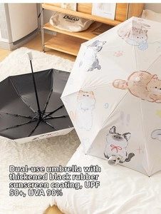 Detail of automatic folding umbrella featuring cute cat patterns and black UV protection coating