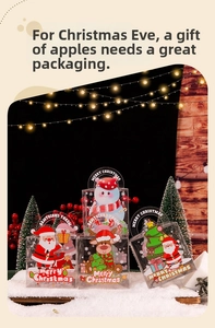 Detailed view of four transparent Christmas gift boxes with festive cartoon patterns