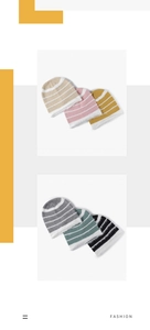 Flat lay of striped knit beanies in six colors with soft fuzzy mohair texture