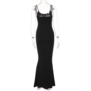 Detail view of the sleek back design of a black sleeveless fisheye long dress on a mannequin