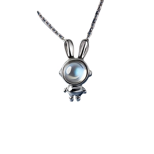 Astronaut bunny necklace with moonstone pendant in silver finish on a white background