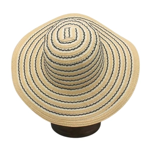 Cappello da sole in paglia pieghevole da donna con strisce nere e tesa larga per l'estate