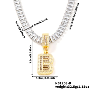 Detail showing letter B pendant necklace dimensions with 60cm chain length and measurements