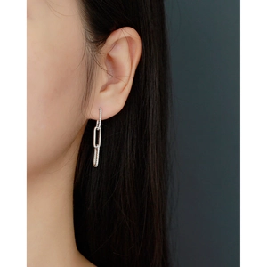 Close-up of dangling silver chain earrings with zircons on model's ear