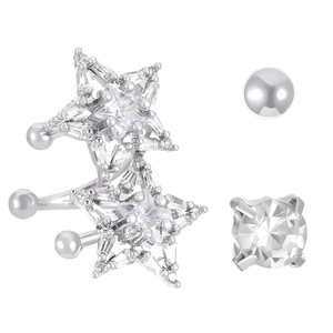 Sparkling zircon star ear cuff set with pearl and diamond studs on white background