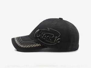 Detail of classic letter embroidery and contrast stitching on washed cotton baseball cap