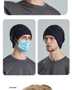 Detail of winter knit beanie with side buttons for mask attachment and ribbed texture