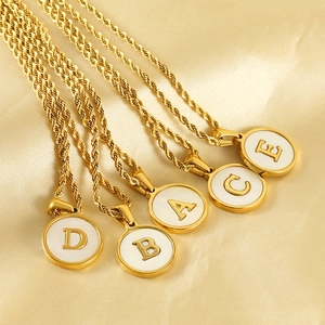 Golden 18k plated stainless steel rope chain necklaces with round initial letter pendants