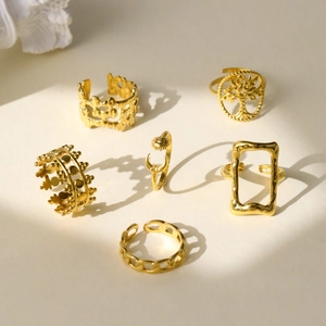 6-piece set of 18k gold plated stainless steel rings featuring tree of life and sun moon designs