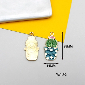Detailed view of colorful enamel cactus pendants with dimensions 28mm by 14mm