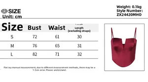 Size guide for women satin camisole top showing chest and waist measurements in cm