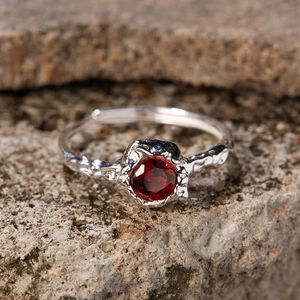 S925 Sterling Silver Ring with natural red garnet stone in unique lava texture design
