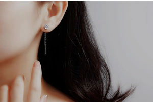 Detail of S925 silver threader earring with a sparkling four-prong set cubic zirconia