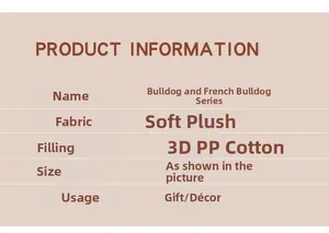Product specifications table for plush dog toys showing soft plush and PP cotton materials