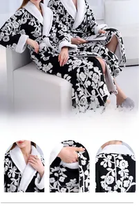 Detail of grey jacquard plush bathrobe featuring thick white collar and floral patterns
