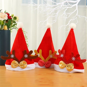 Christmas Hat Red Velvet Reindeer Antlers Snowflake Pattern Bow Knot Plush Trim Festive Party Decoration Adults Kids
