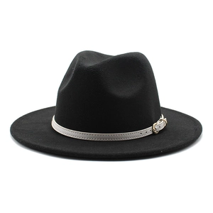 Classic black wool fedora hat with a light gray leather band and gold metal buckle