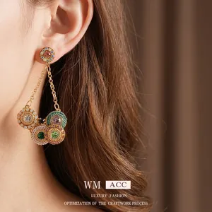Boucles d'oreilles vintage avec cristaux colorés, glands ronds et placage doré pour femme
