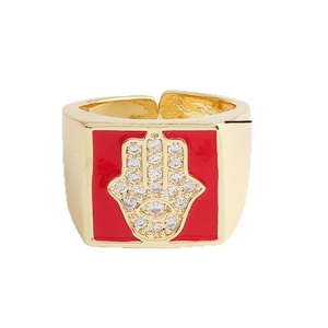 Vintage gold adjustable ring with red enamel Hamsa hand and white zircon inlay