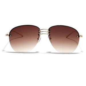 Fashionable rimless metal sunglasses with gradient brown lenses and gold frame for men and women