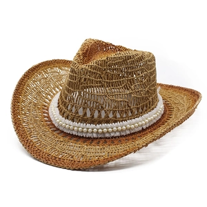 Damen Western Strohhut Cowboyhut Hohlgewebe Künstliche Perlenband Breite Krempe Sonnenschutz Sommer Strandurlaub