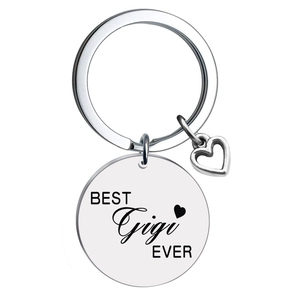 Polished stainless steel keychain engraved with BEST Gigi EVER and a hollow heart charm