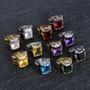 Retro 11-piece gothic ring set with multi-colored rectangular gemstones and vintage finish