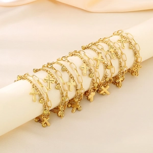 Minimalist Stainless Steel Double Layer Bracelet For Women Cross Pendant Paperclip Chain Gold Silver Stacked Fashion Jewelry Gift