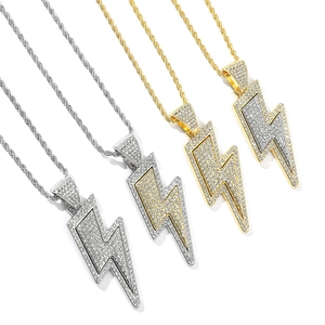 Hip Hop Lightning Bolt Pendant Necklace Alloy With Rhinestones Twist Chain Iced Out Streetwear Jewelry