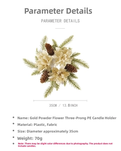 Detailed view of 35cm golden Christmas candle ring with glitter flowers and pine needles