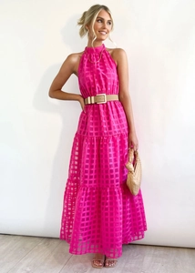 Detail of rose pink sleeveless maxi dress featuring textured mesh fabric and a waist belt