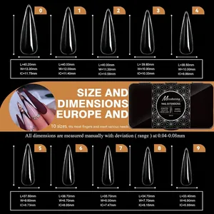 Size chart for clear long stiletto fake nail tips in 10 sizes with dimensions data