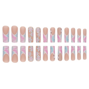 24pcs long coffin press on nails with gradient dye and 3D floral rhinestone designs