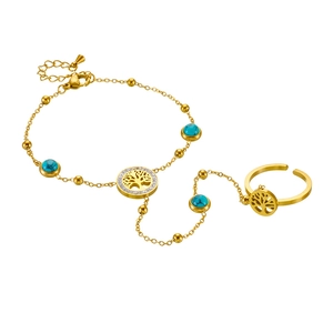 Gold tree of life ring bracelet set with turquoise beads and sparkling crystals
