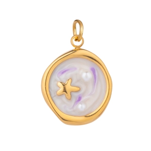 Detailed shot of golden sea star pendant with purple swirl and white pearl accents