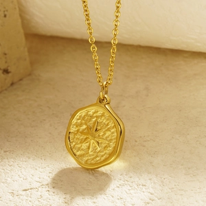 Collier Pendentif Étoile à Huit Branches en Acier Inoxydable Vintage Texture Martelée Or Argent Bijoux pour Femmes