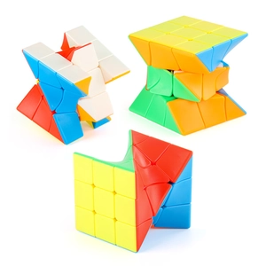 Three-piece set of educational twisted 3x3 puzzle cubes with vibrant classic colors